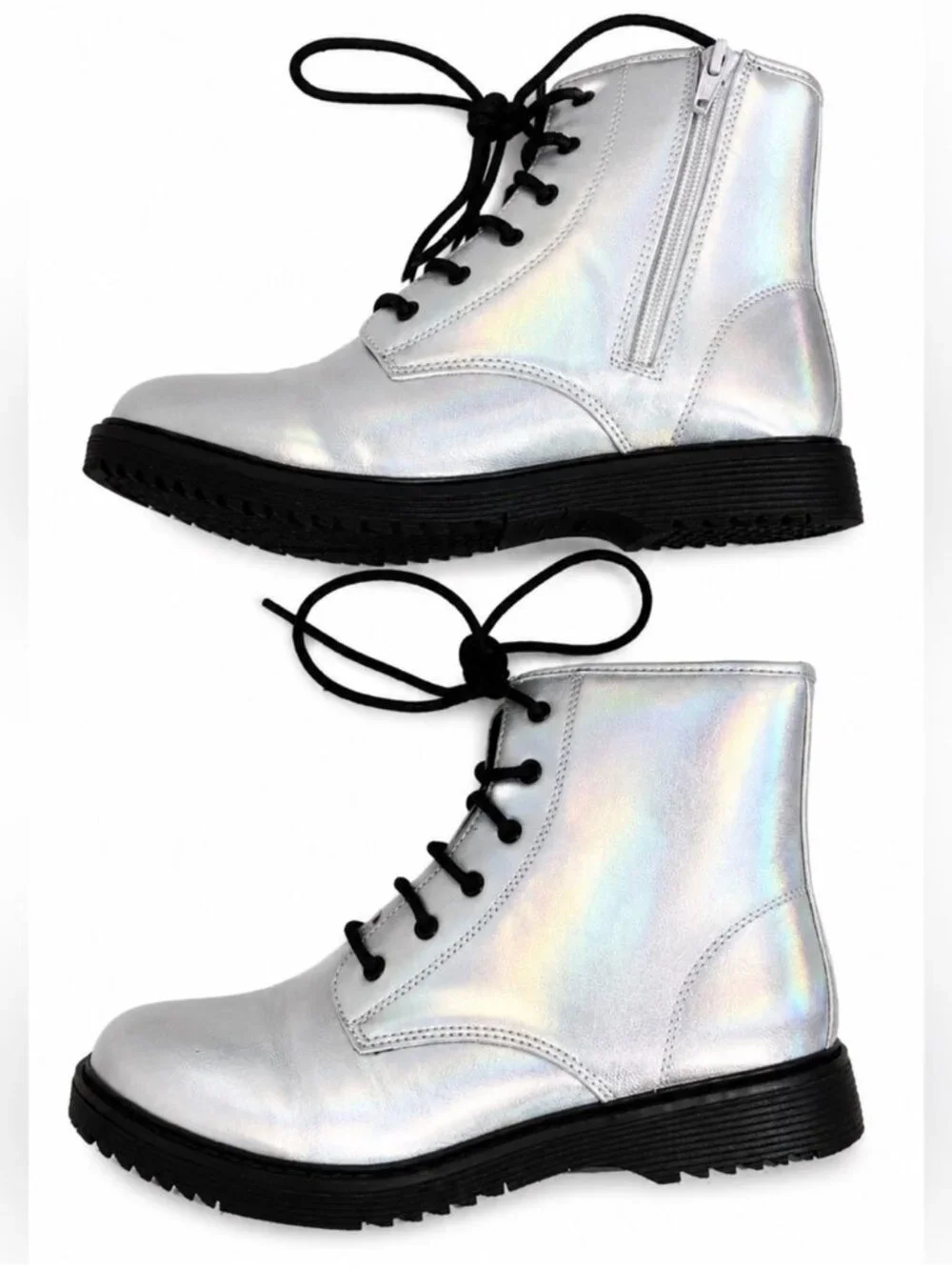 The Children's Place Girls Metallic Silver Combat Boots Lace Up Big Kid Size 6